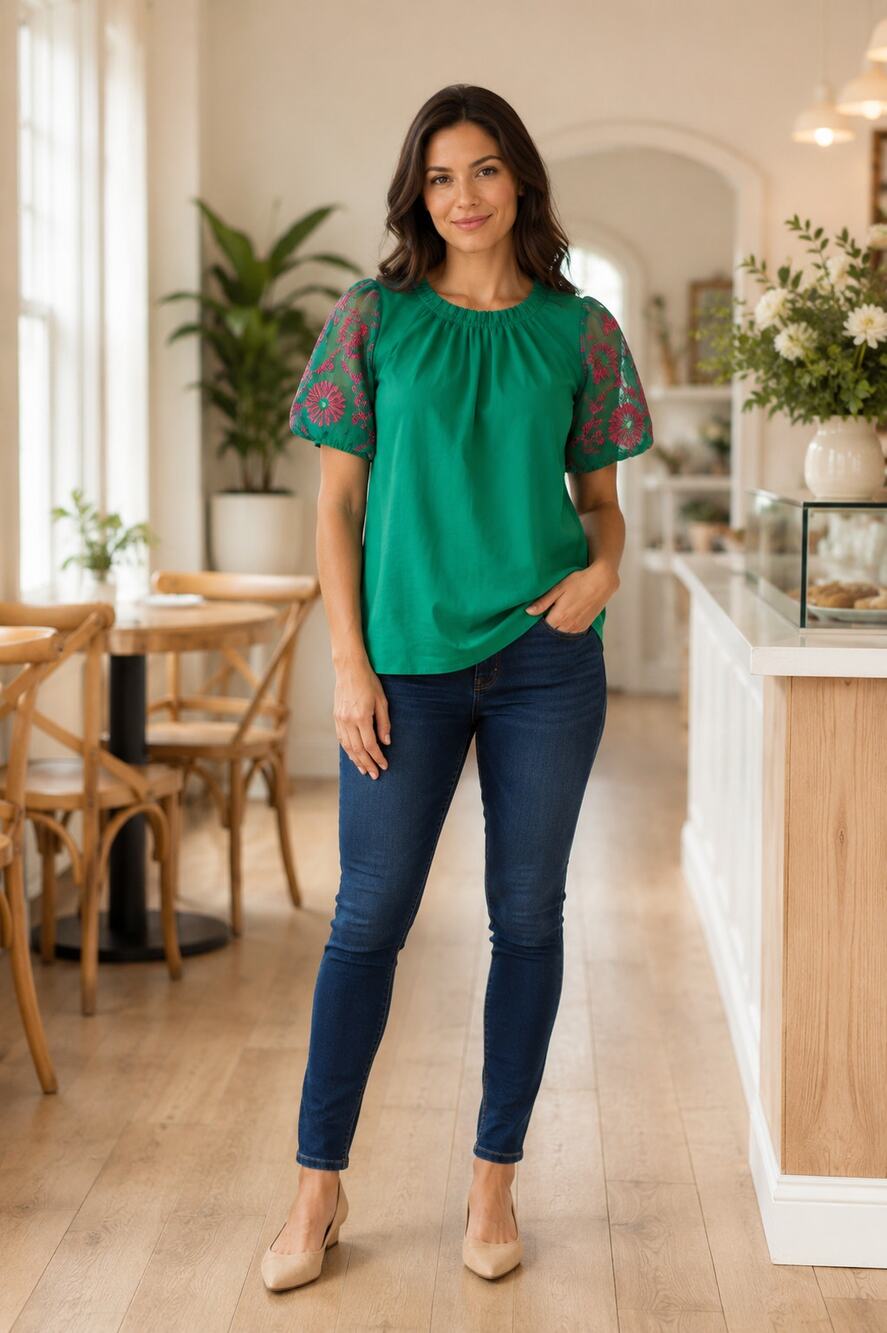 Ninexis Emerald Green Floral Lace Sleeve Blouse Size Small
